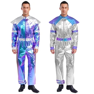 Men Retro Space Alien Jumpsuit One Piece Metallic Robot Costume For Halloween - Picture 1 of 30