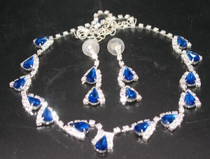 Stunning 15" Royal Blue & Clear Rhinestones - Silvertone Necklace & Earrings - Picture 1 of 5