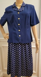 VINTAGE BRELI ORIGINALS 2-TEILIGES TOP UND ROCK, MARINEBLAU mit PUPFEN, GRÖSSE 12 - Bild 1 von 5
