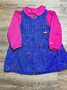 Floral Corduroy OSHKOSH JUMPER toddler Dress Size 5 Navy Plaid Pink Flowers USA - Picture 1 of 11