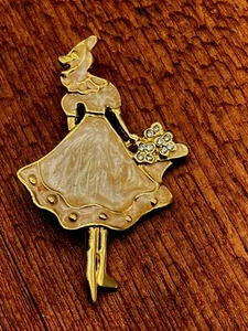 Vintage Ornate Romantic Lady Rhinestone Diamante Mother of Pearl Gold Brooch - Picture 1 of 12