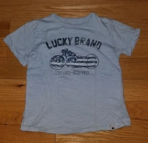 Boys LUCKY BRAND Sz 7 Kids Biker Shirt Short Sleeve Graphic Motorcycle Flag Blue - Picture 1 of 1