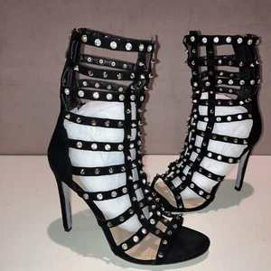 Black Spike Stud Diamond Heels Size 4 Shoes Faux Suede Punk Emo Gothic Gladiator - Picture 1 of 8