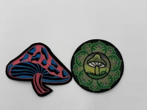 LOT of 2 VTG Style Mushroom Magic Embroidered Iron On Patches Pink Blue Green - Picture 1 of 3