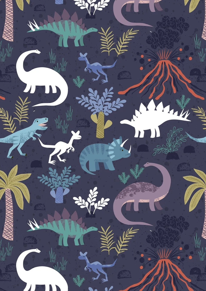 1.6m Dino Glow, Volcanoes & Dinos on Indigo A671.3 by Lewis & Irene, 100% Cotton - Image 1 of 1