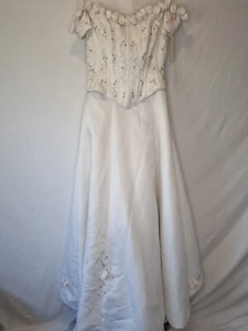 Imoda White Satin Corset Off Shoulder Beaded Roses Train Wedding Dress Sz 12 - Picture 1 of 20