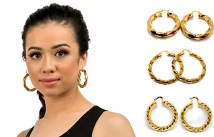 18k Gold Filled Creole Round Large Hoops Earrings Jewelry Womens - Picture 1 of 48