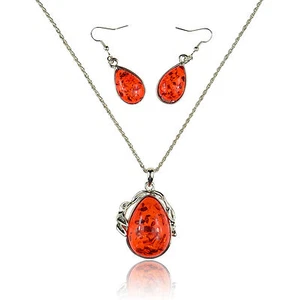 Faux Red Amber White Gold Plated 2" Pendant + 21" Chain Necklace + Earrings - Picture 1 of 1