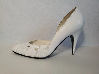 Vintage Sugar Size 37 White Leather Snakeskin Cutouts 1980s 1990s High Heel Pump - Image 1 of 4