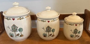 Ceramic Canister 3 Piece Set by Thomson Pottery Featuring Country Birdhouse Mint - Picture 1 of 10