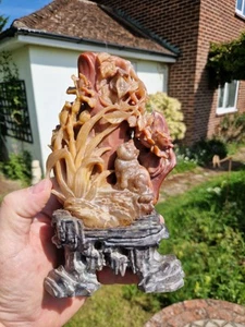 Stunning Antique Chinese carved soapstone statue vase with Cat 19thc/20thc 7.5" - Picture 1 of 15
