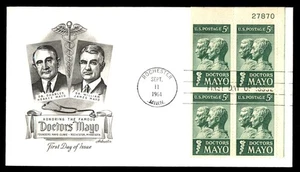 MayfairStamps US FDC 1964 Minnesota Plate Block Doctors Mayo Artmaster First Day - Picture 1 of 2