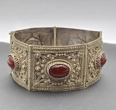 Pulsera Victoriana 900 Plata Cannetilla Cornalina Cabujón Panel Bisagras 7" Foto 1 de 4