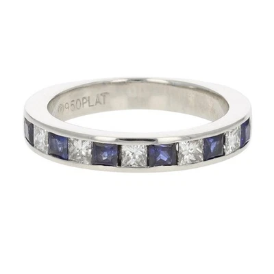 Anillo de alianza de boda con zafiros y diamantes de 0,77 quilates de platino talla 5,25 Foto 1 de 4