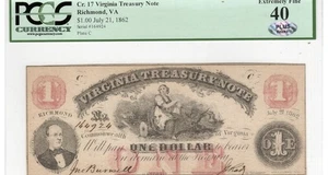 1862 VIRGINIA RICHMOND CSA $1 Treasury Note Civil War BankNote Currency, PCGS 40 - Picture 1 of 4