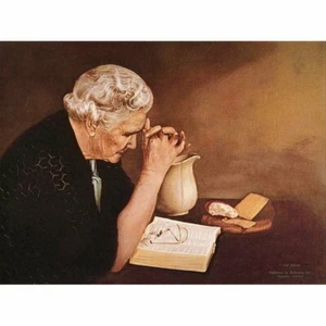 Targa da parete in legno 16x20 toni tortora donna saggia che prega sopra la Bibbia - Foto 1 di 1