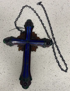 Vintage Stained Glass Cross With Chain Attached Religous Holy Christian - Picture 1 of 6