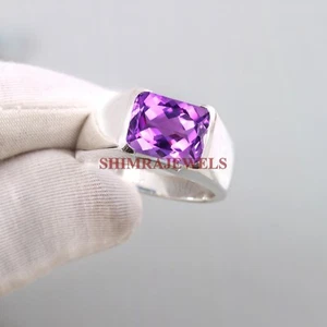 Naturale Ametista Pietra Preziosa Con 14K Placcato Oro Bianco Argento Anello - Foto 1 di 11