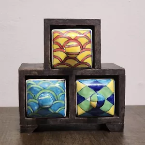 Wooden Storage Box Chest Cabinet 3 Ceramic Drawers Apothecary-Tea-Spice 6.5"×6" - Picture 1 of 18