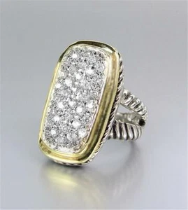 GORGEOUS Chunky 18kt Gold Plated Pave Crystals Rectangle Double Cable Bands Ring - Picture 1 of 4