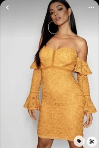 Boohoo Dress Size 12 Lace Off The Shoulder Frill Detail Bodycon Boohoo Boutique - Picture 1 of 18