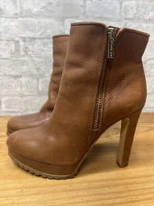 Gianni Bini Ankle Boots Leather Tan Zipper Womens Sz 8M Stack Heels - Picture 1 of 10