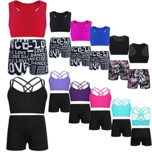 Girls Athletic Dance Sport Outfits Racer Back Crop Top with Shorts Swimwear - Picture 1 of 64