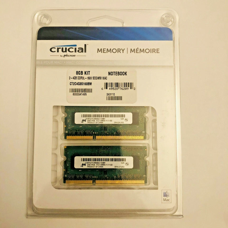 CRUCIAL Memory by Micron 8GB KIT 2-4GB Notebook DDR3L 1600 SODIMM CT2C4G3S160BM - Image 1 of 2