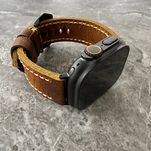 Correa de reloj de cuero marrón búfalo para Apple Watch Ultra de titanio negro 49 mm - Imagen 1 de 12