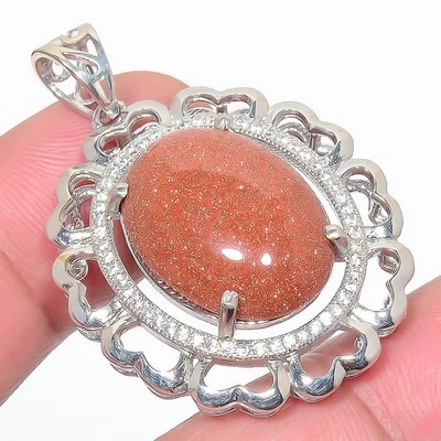 Ювелирный кулон с серебряным покрытием из золотого солнечного камня и фианита 1,6 дюйма S2719 - Изображение 1 из 3