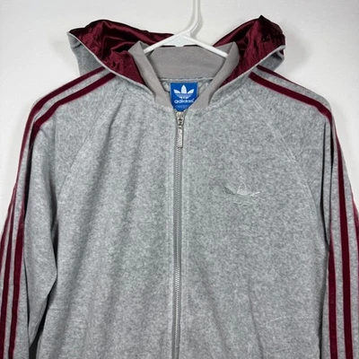 Adidas Velour Full Zip Hoodie Mens Small Gray Maroon 3 Stripe Jacket - Image 1 of 4