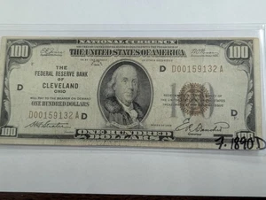NO RESERVE 1929 D Fine $100 Small Federal Reserve Bank Note Cleveland Ohio Brown - Picture 1 of 2
