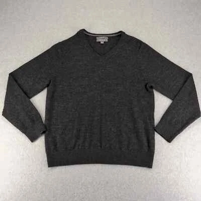 Merona Sweater Mens Large Gray Merino Wool Long Sleeve V Neck Pullover Preppy - Image 1 of 4