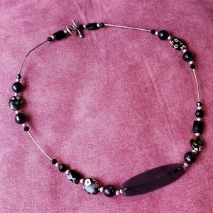 Vintage Millefiori Glass Black Obsidion Beaded Flower Silver Toggle Necklace N2 - Imagen 1 de 11