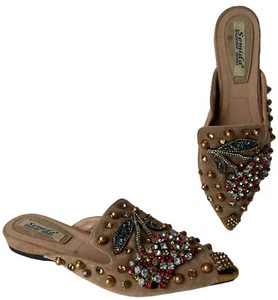 Ballerine Semida Mules da donna taglia US 8 marrone ciliegia strass oro a punta - Foto 1 di 12