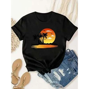 Women's Sunset Printed T-shirt - Casual Round Neck Short Sleeve Top - Picture 1 of 12