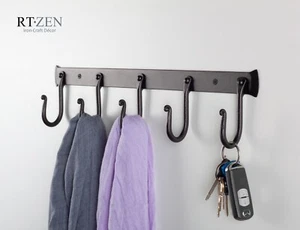 Decorative Wrought Iron 5 Hooks Coat and Hat Rack | Wall Mount Entry Multi Hook - Picture 1 of 10
