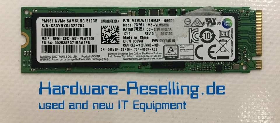 Dell Samsung 512GB PM961 Nvme SSD M.2 2280 PCI Rapido 3.0 x4 MZ-VLW512A 068V6F - Immagine 1 di 1