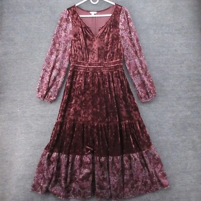 Frye and Co Dress Womens M Burgundy Crushed Velvet Tiered Long Sleeve Floral - Image 1 of 4
