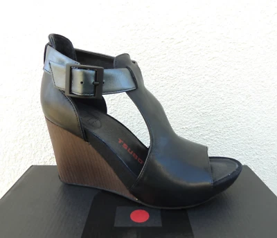 TSUBO NANCIE CUERO NEGRO CORREA AL TOBILLO TACONES DE CUÑA, MUJER US 6/ EUR 37 ~ NUEVO EN CAJA Foto 1 de 4