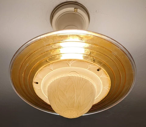 1930's Art Deco, 3-Chain, "Flying Saucer" Ceiling Light, New Bulb Socket & Wire Cover
