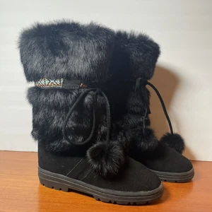Minnetonka Boots Rabbit Fur & Black Suede Aztec Trim Boho Size 7.5 - Picture 1 of 6
