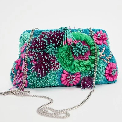 Zara Multicolor Floral Beaded Crossbody Bag with Silver Chain Strap Embellished - Image 1 of 4