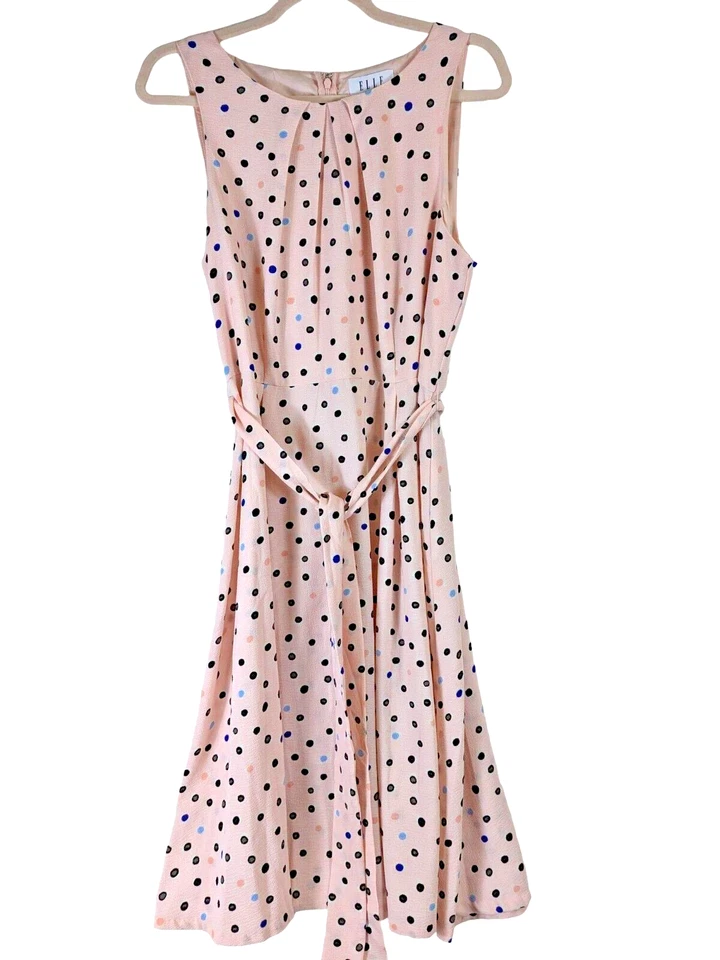 Elle Woman size 16  Pink Polka Dot Belted Tank Dress Flowy Professional Classic - Image 1 of 4