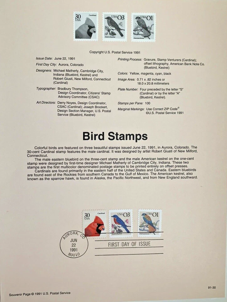 1991 USPS Souvenir Page FDC Bird Stamps #2480, 2478 & 2476 - 30¢, 3¢ 1¢ - Image 1 of 1