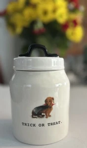 Rae Dunn Magenta OG Dachshund Dog In Cape “Trick Or Treat” Canister 7” Rare HTF - Picture 1 of 7