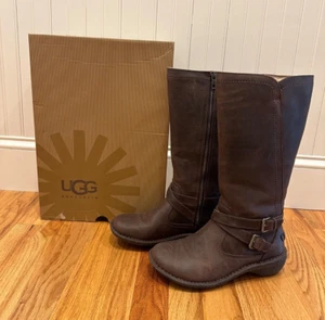 UGG Rosen Tall Brown Leather wool lined boots Size 7 with box - Picture 1 of 10