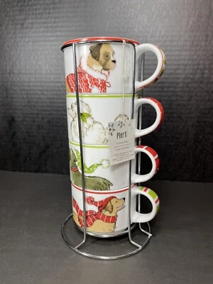Pier 1 堆叠 8 盎司咖啡茶杯马克杯圣诞狗和铬架新品 — 第 1/4 张图片
