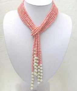  3 Strands Natural 4mm Pink Coral White Pearl Lariat Necklace 50 Inch PN1521 - Picture 1 of 6