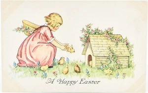 Postal vintage de una niña feliz de Pascua con pollitos 3x5 - Imagen 1 de 2